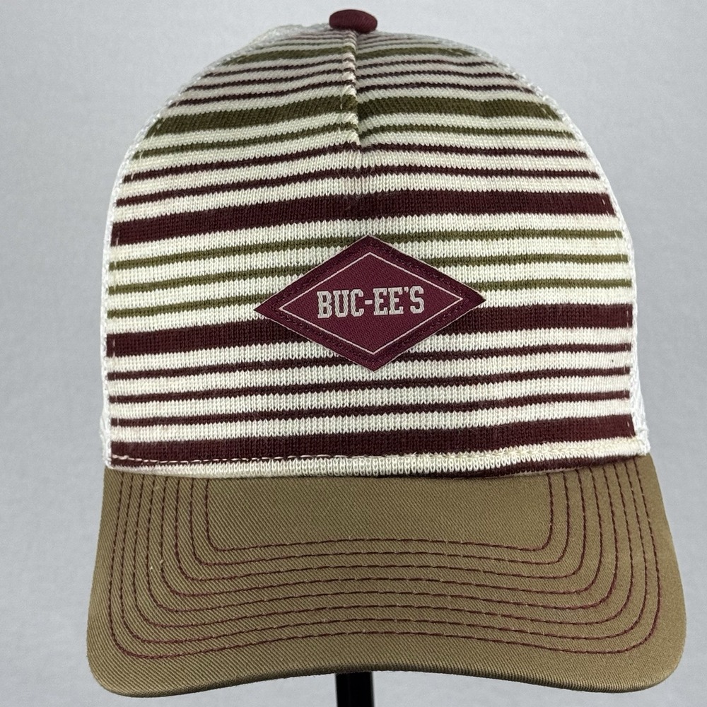 Buc-ees Hat Cap Mens Adjustable Red/Tan Hat Logo‎ Spell Out Beige  Mesh Worn